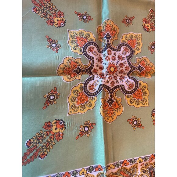 Vintage Green & Brown Paisley Floral Scarf All Acetate Made In Japan Square - Picture 5 of 5